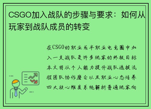 CSGO加入战队的步骤与要求：如何从玩家到战队成员的转变
